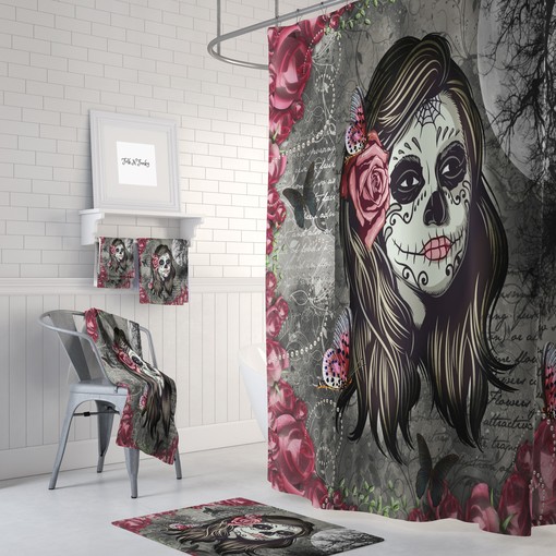 Unique Sugar Skull and Butterfly Red Rose Shower Curtain Set for Gothic Bathroom Decor
