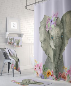 Unique Watercolor Elephant Floral Shower Curtain | Elephant Bath Curtain with Vintage Art