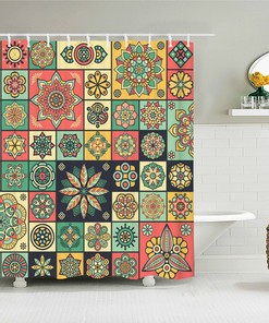 Unique and Decorative Bohemian Blue Mandala Geometric Floral Mosaic Tile Shower Curtain