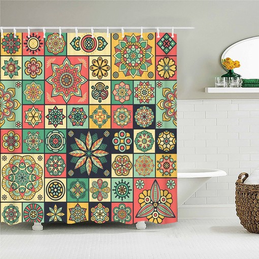 Unique and Decorative Bohemian Blue Mandala Geometric Floral Mosaic Tile Shower Curtain