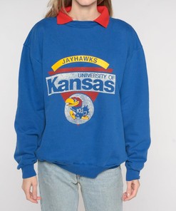 University Of Kansas Sweatshirt 90S Blue Jayhawks Collared Sweatshirt with Retro Ncaa Shirts, For College Sweater Fans