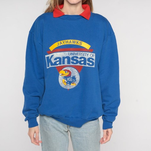 University Of Kansas Sweatshirt 90S Blue Jayhawks Collared Sweatshirt with Retro Ncaa Shirts, For College Sweater Fans