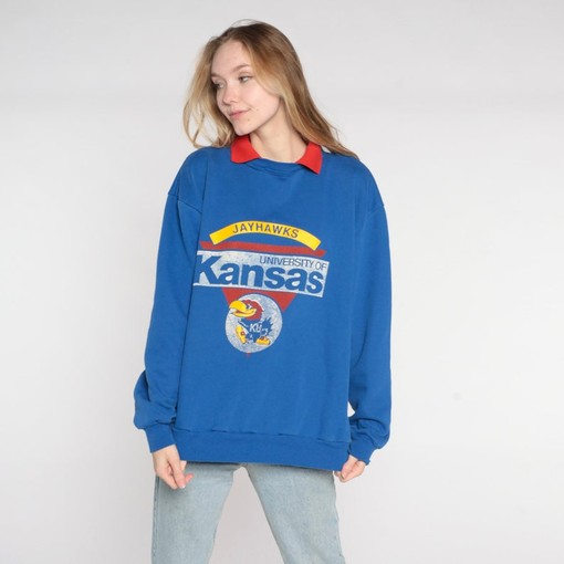 University Of Kansas Sweatshirt 90S Blue Jayhawks Collared Sweatshirt with Retro Ncaa Shirts, For College Sweater Fans - Image 2