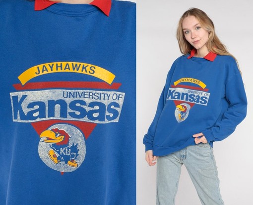 University Of Kansas Sweatshirt 90S Blue Jayhawks Collared Sweatshirt with Retro Ncaa Shirts, For College Sweater Fans - Image 3