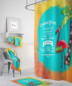 Vacation Camping Rules Flamingo Sunset Shower Curtain Set - Add a Relaxed Vacation Feel to Your Bathroom Decor