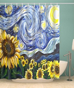 Van Gogh Inspired Sunflower Starry Night Shower Curtain, Famous Dutch Painter Oil Painting Blue Bathroom Curtain