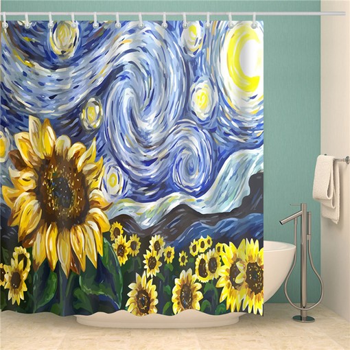 Van Gogh Inspired Sunflower Starry Night Shower Curtain, Famous Dutch Painter Oil Painting Blue Bathroom Curtain