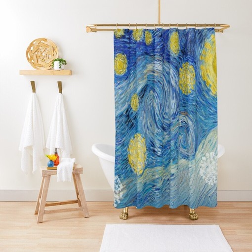 Van Gogh Starry Night Art Shower Curtain | Blue Eco-Friendly Polyester Curtain | Bathroom Decor + Quotes