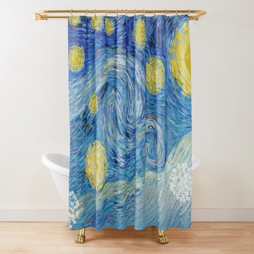 Van Gogh Starry Night Art Shower Curtain | Blue Eco-Friendly Polyester Curtain | Bathroom Decor + Quotes - Image 2