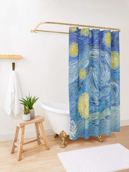 Van Gogh Starry Night Art Shower Curtain | Blue Eco-Friendly Polyester Curtain | Bathroom Decor + Quotes - Image 3