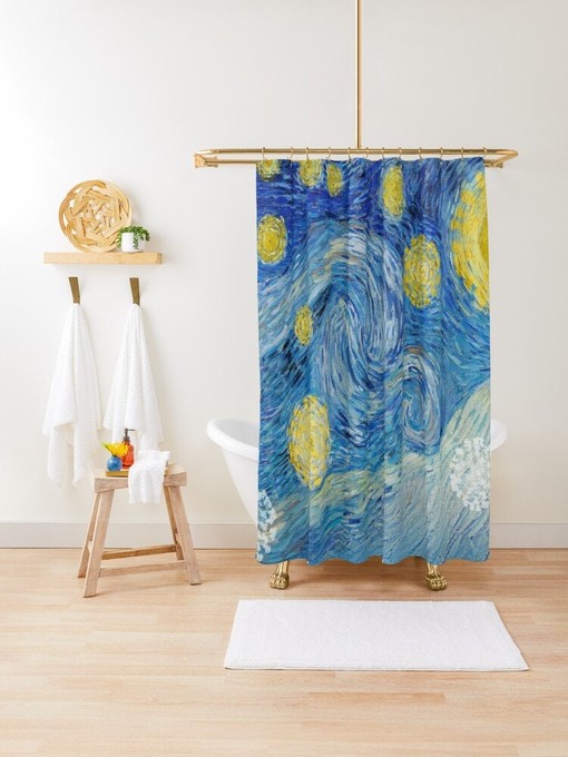 Van Gogh Starry Night Art Shower Curtain | Blue Eco-Friendly Polyester Curtain | Bathroom Decor + Quotes - Image 4