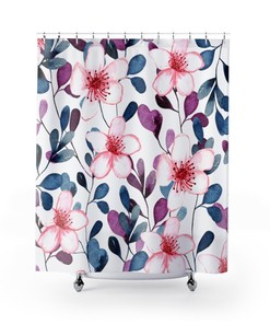 Vanilla Flowers Watercolor Floral Bath Curtain - Floral Bathroom Decor for Farmhouse Style