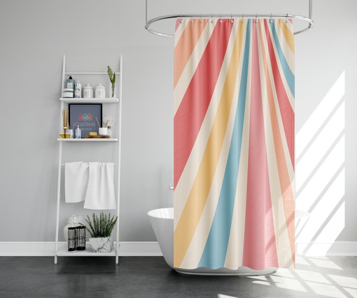 Vertical Red Stripe Print Fabric Shower Curtain, Vintage Retro Bathroom Decor - Image 2