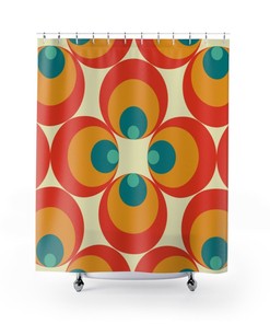 Vibrant Retro Orbs and Peacock Eye Teal, Burnt Orange, and Yellow Mid Century Modern Shower Curtain