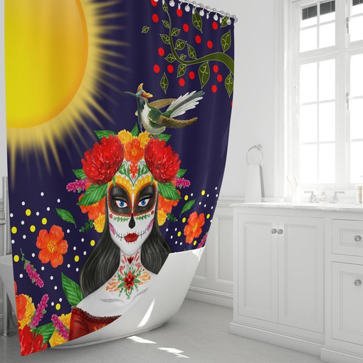 Vibrant Sugar Skull Woman Shower Curtain - Fun and Chic Bathroom Decor - Image 2