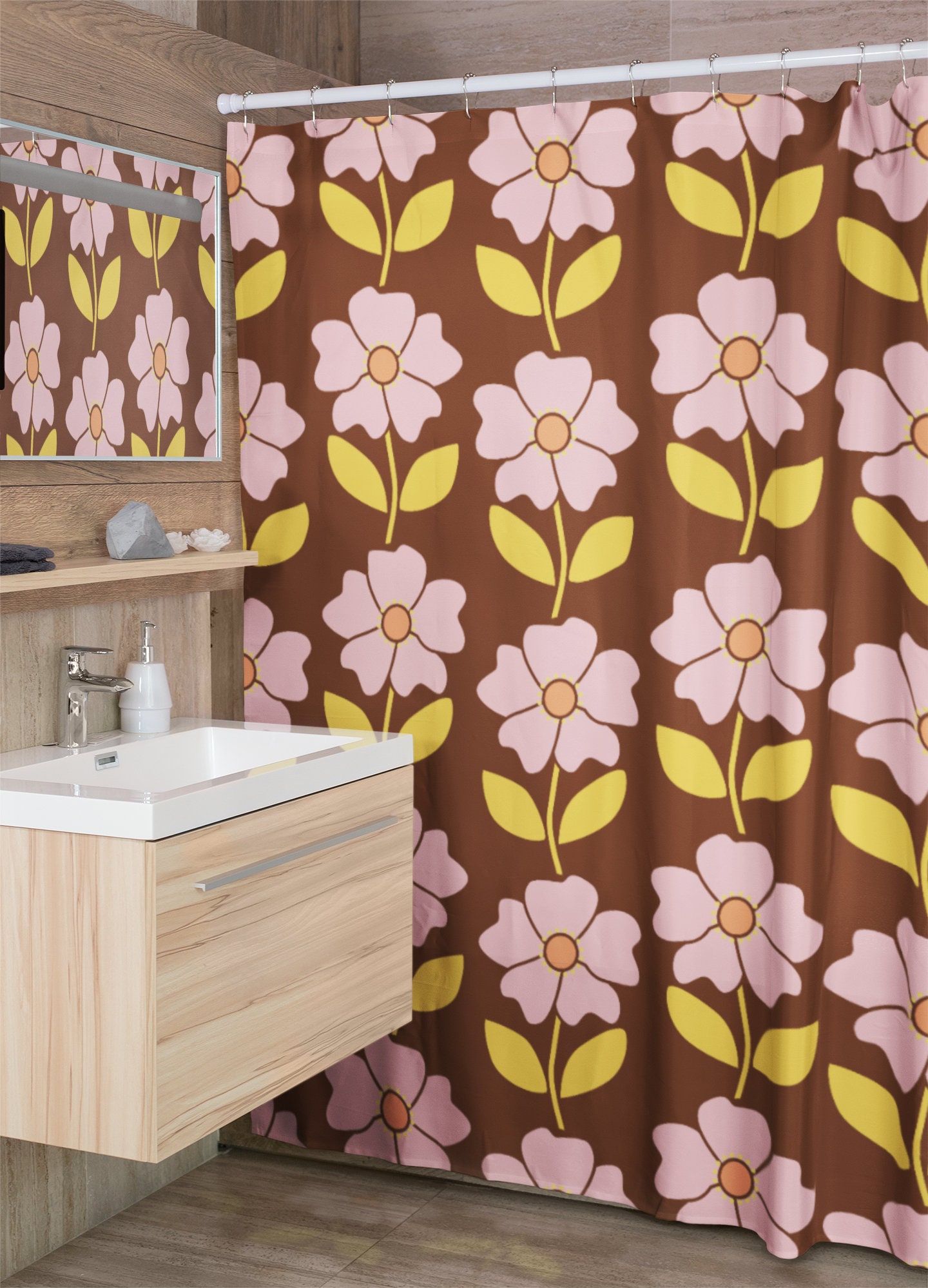 Vintage 70s Flower Shower Curtain, Retro Bathroom Decor, Unique Tub Accessory