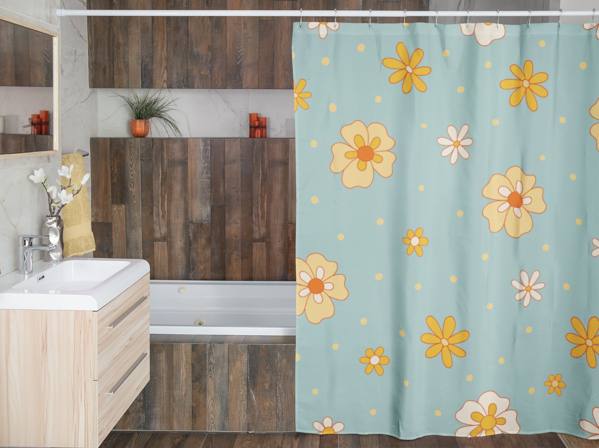 Vintage 70s Flower Shower Curtains, Groovy Bathroom Decor, Retro Bath Accessory