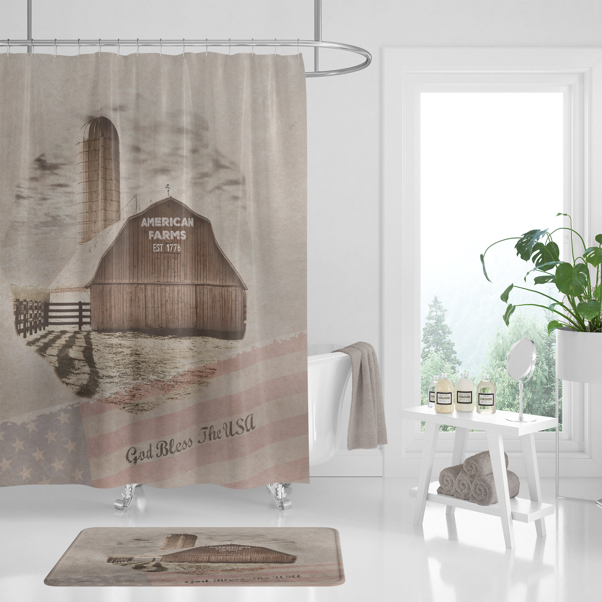 Vintage American Farm Shower Curtain with Quotes for Patriotic Bathroom Decor