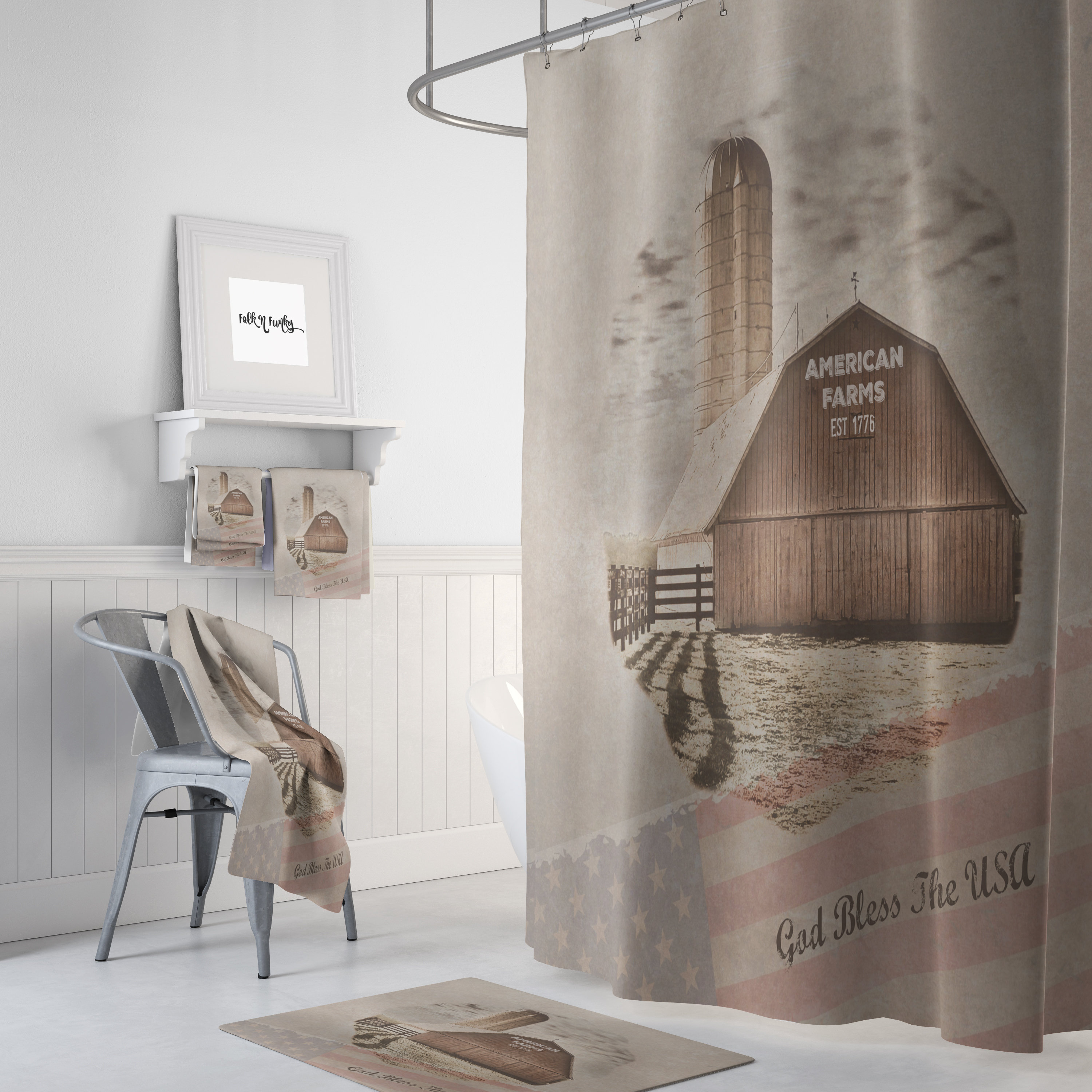 Vintage American Farm Shower Curtain with Quotes for Patriotic Bathroom Decor - Image 2