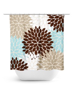 Vintage Aqua Brown Blue Floral Shower Curtain | Fabric Material Bath Decor