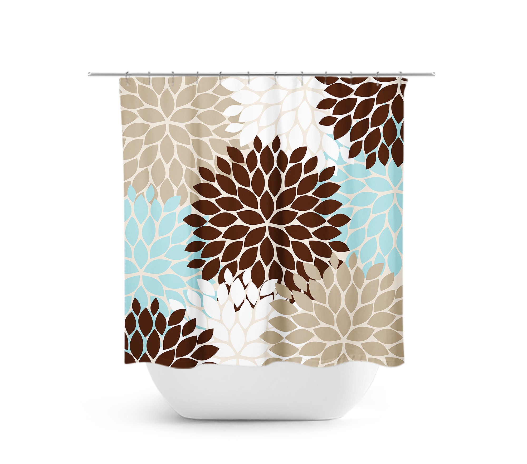 Vintage Aqua Brown Blue Floral Shower Curtain | Fabric Material Bath Decor