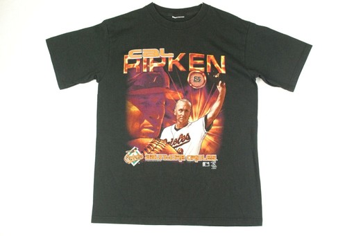 Vintage Baltimore Orioles Cal Ripken Jr. Y2K Baseball T-Shirt Mens Black Coin with Player Name and Number