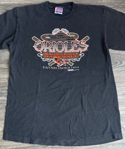 Vintage Baltimore Orioles Trench Tee - 1993 MLB Baseball Black Shirt - Large - USA Made with NCAA Shirts Women
