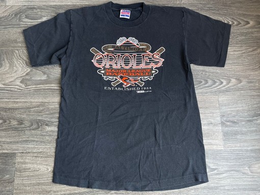 Vintage Baltimore Orioles Trench Tee - 1993 MLB Baseball Black Shirt - Large - USA Made with NCAA Shirts Women