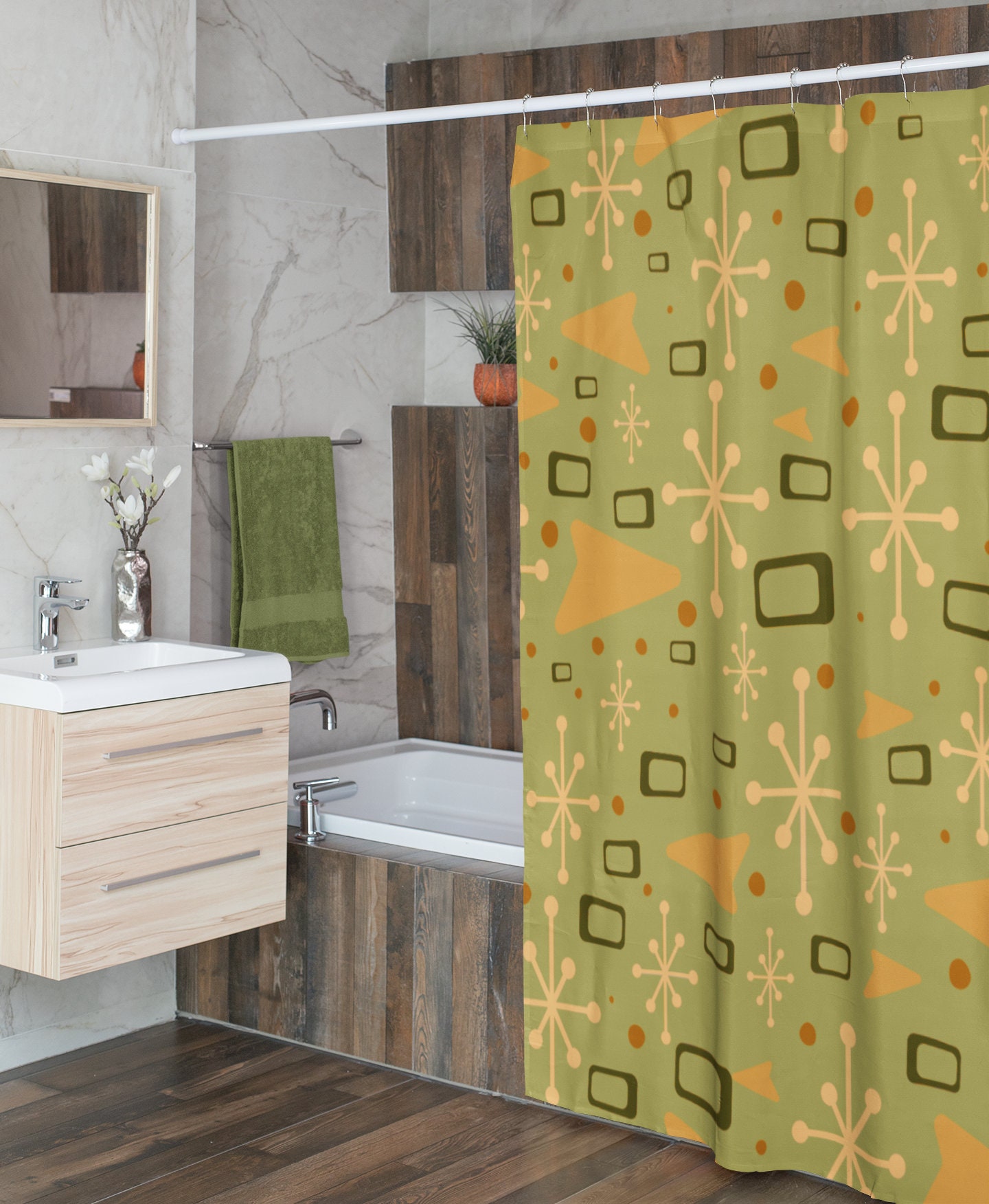Vintage Bathroom Flair Green Mid Century Modern Inspired Shower Curtain - Add a Touch of History to Your Bathroom Decor
