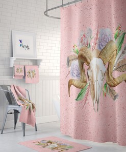 Vintage Bathroom Shower Curtains Pink Boho Shower Curtain with Floral Ram Skull Print