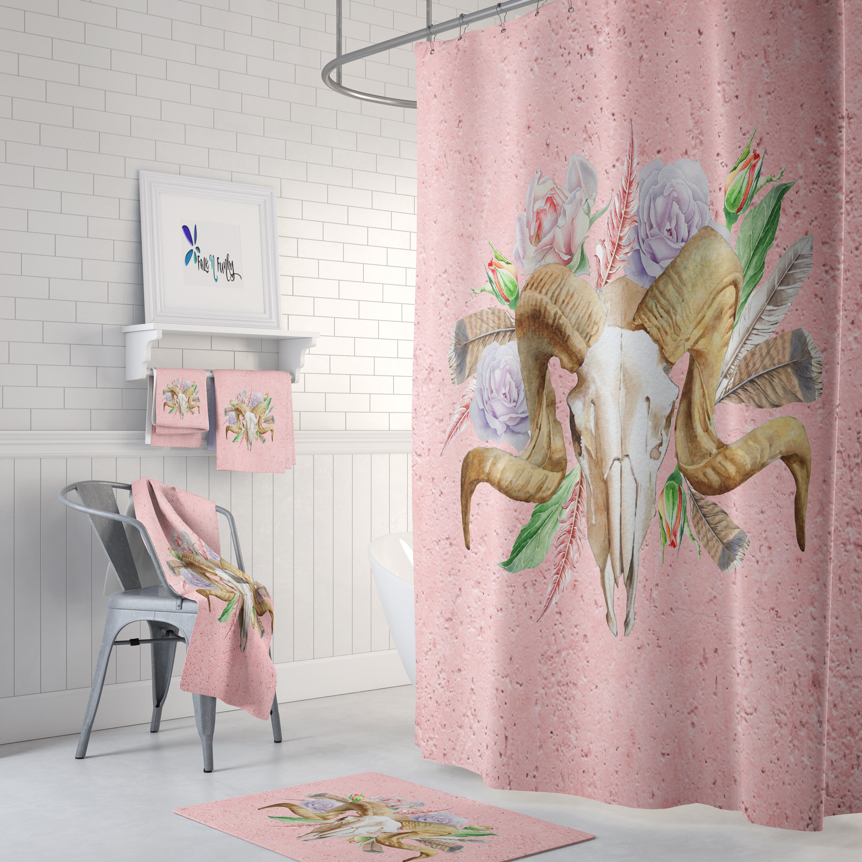 Vintage Bathroom Shower Curtains Pink Boho Shower Curtain with Floral Ram Skull Print