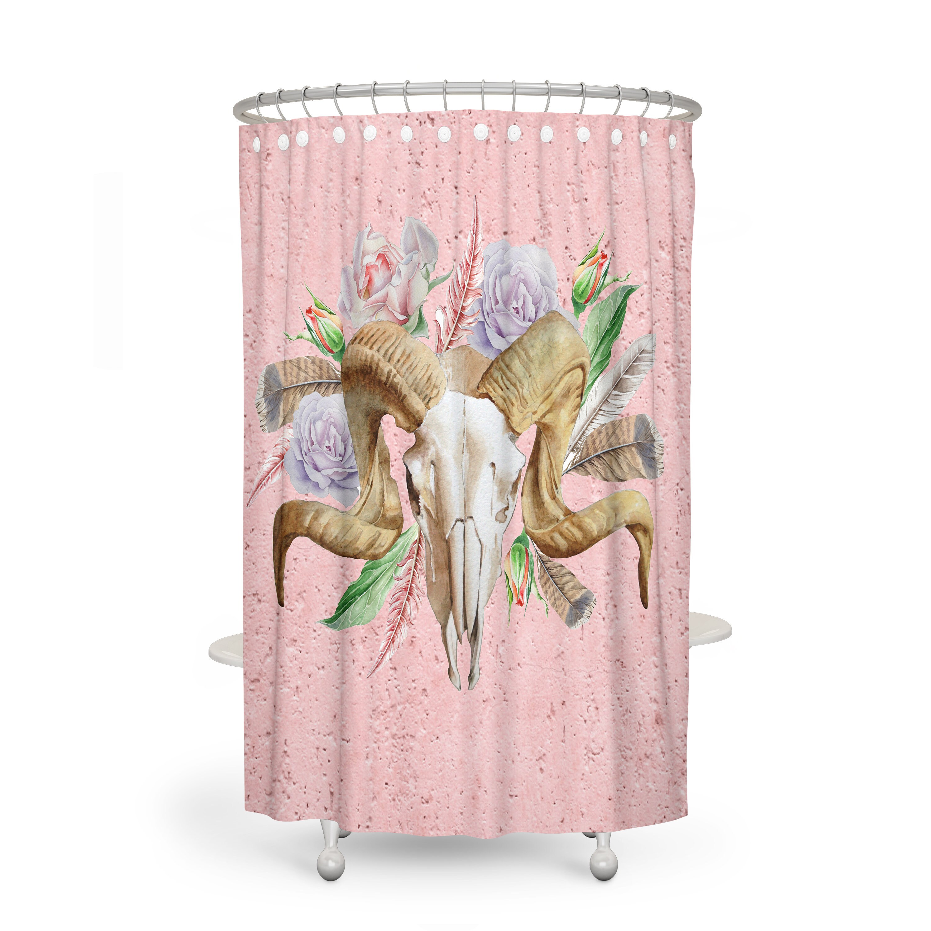 Vintage Bathroom Shower Curtains Pink Boho Shower Curtain with Floral Ram Skull Print - Image 2