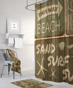 Vintage Beach Sign Shower Curtain Set - Coastal Decor for Your Bath