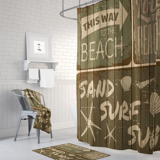 Vintage Beach Sign Shower Curtain Set - Coastal Decor for Your Bath
