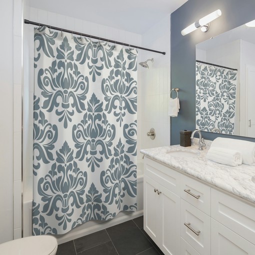 Vintage Blue Damask Print Shower Curtain with Abstract Baroque Design