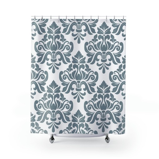 Vintage Blue Damask Print Shower Curtain with Abstract Baroque Design - Image 2
