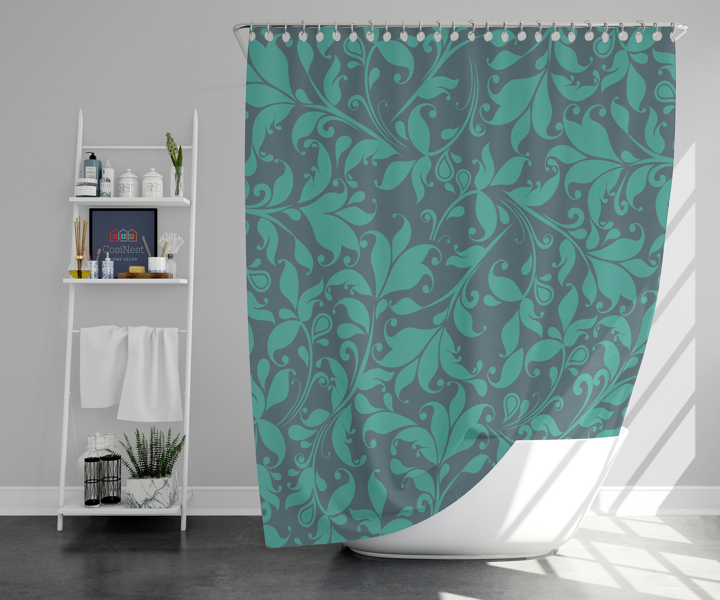 Vintage Blue Floral Shower Curtain, Customizable Size, Contemporary Botanical Print