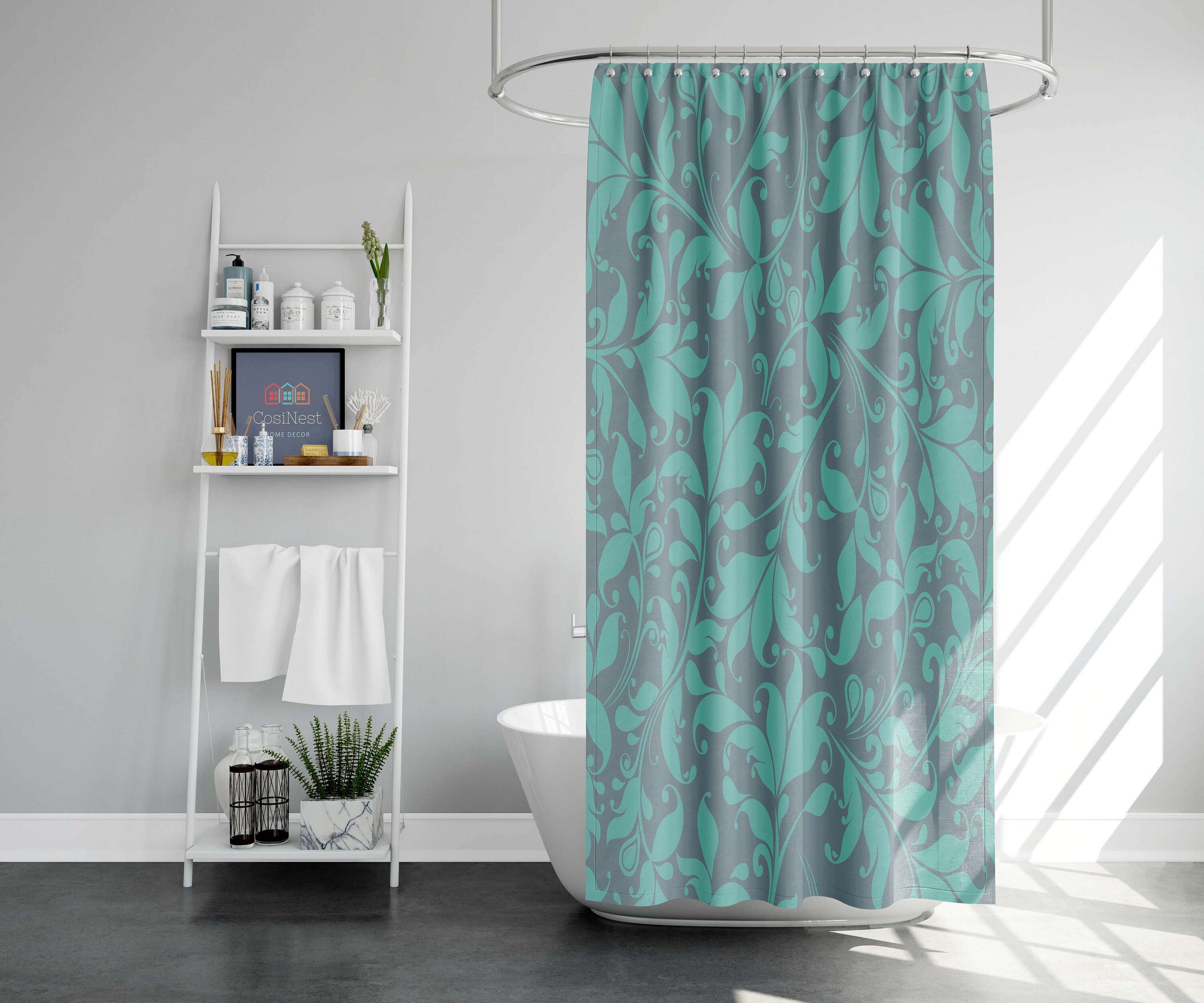 Vintage Blue Floral Shower Curtain, Customizable Size, Contemporary Botanical Print - Image 2