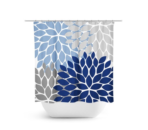 Vintage Blue Gray Floral Shower Curtain | Feminine Bath Curtain for Blue and Gray Bathroom