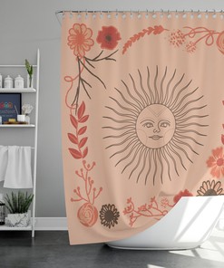 Vintage Boho Sun and Flowers Shower Curtain for Bathroom Decoration