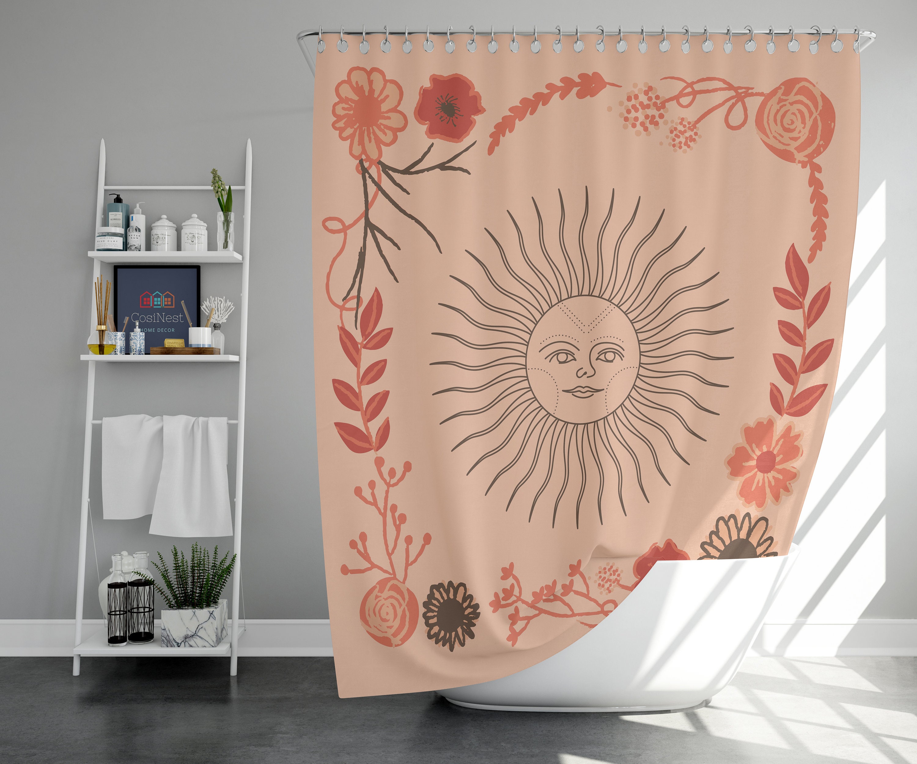 Vintage Boho Sun and Flowers Shower Curtain for Bathroom Decoration
