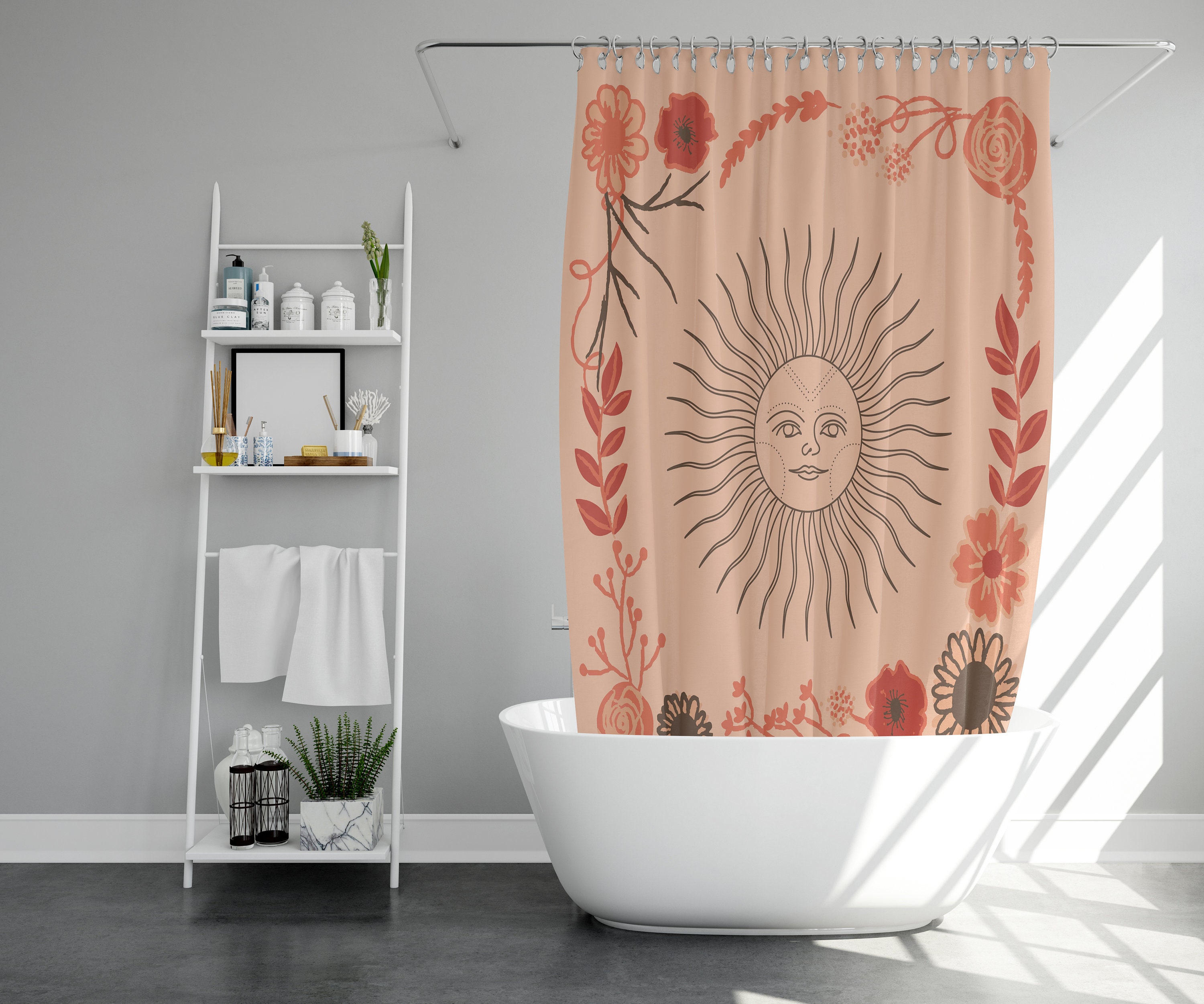 Vintage Boho Sun and Flowers Shower Curtain for Bathroom Decoration - Image 2