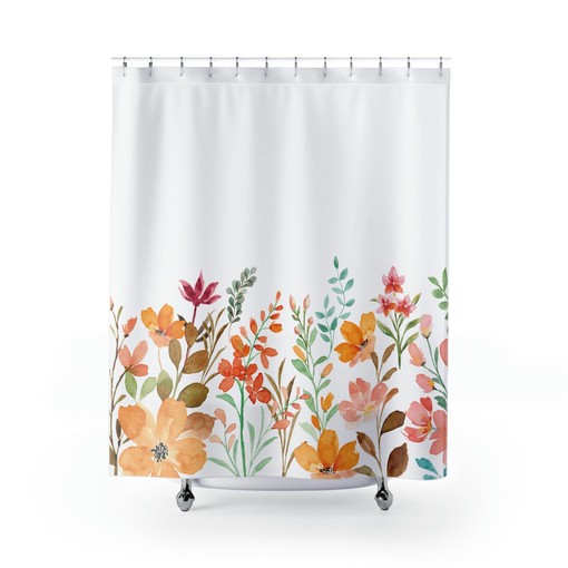 Vintage Botanical Floral Shower Curtain with Orange Flowers - Image 2