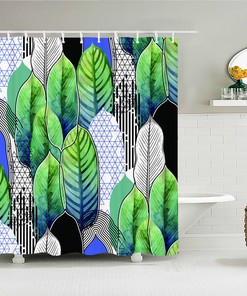 Vintage Botanical Green & Blue Leaves Shower Curtain, Tropical Graphic Home Bathroom Decor