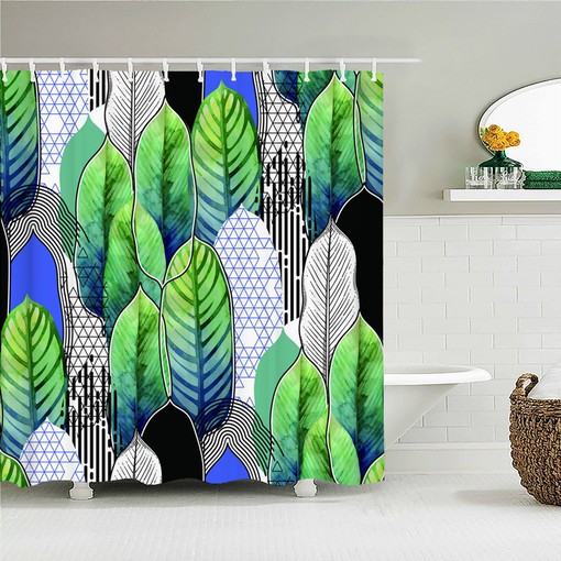 Vintage Botanical Green & Blue Leaves Shower Curtain, Tropical Graphic Home Bathroom Decor