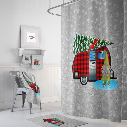 Vintage Camper Christmas Shower Curtain with Retro Holiday Bathroom Decor for Old-School Glam