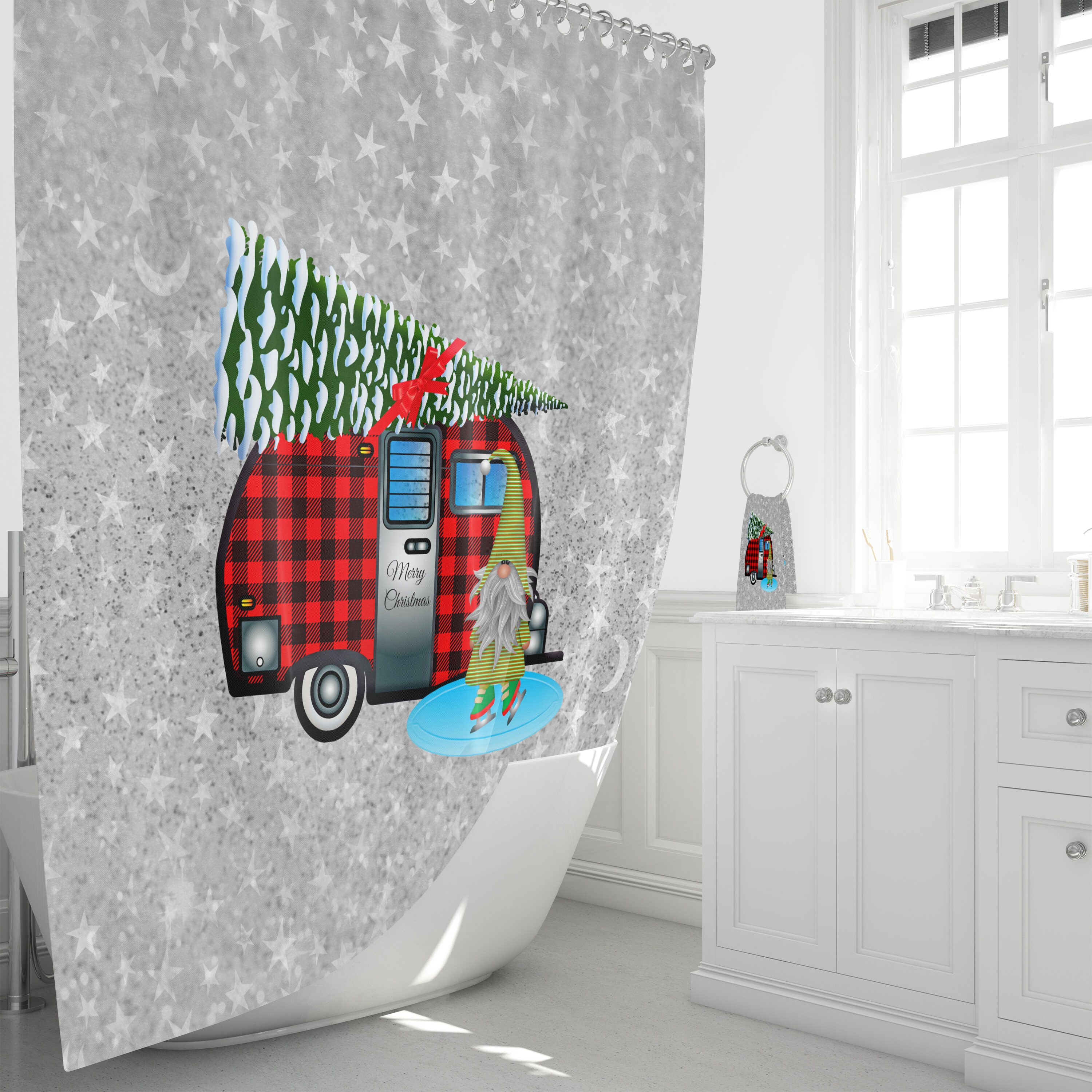 Vintage Camper Christmas Shower Curtain with Retro Holiday Bathroom Decor for Old-School Glam - Image 4