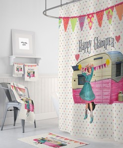 Vintage Camper Glamper Shower Curtain with Retro Bathroom Decor for Old-School Charm
