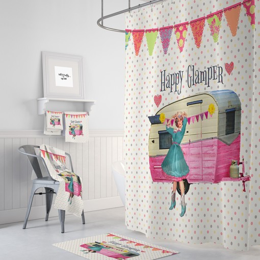 Vintage Camper Glamper Shower Curtain with Retro Bathroom Decor for Old-School Charm
