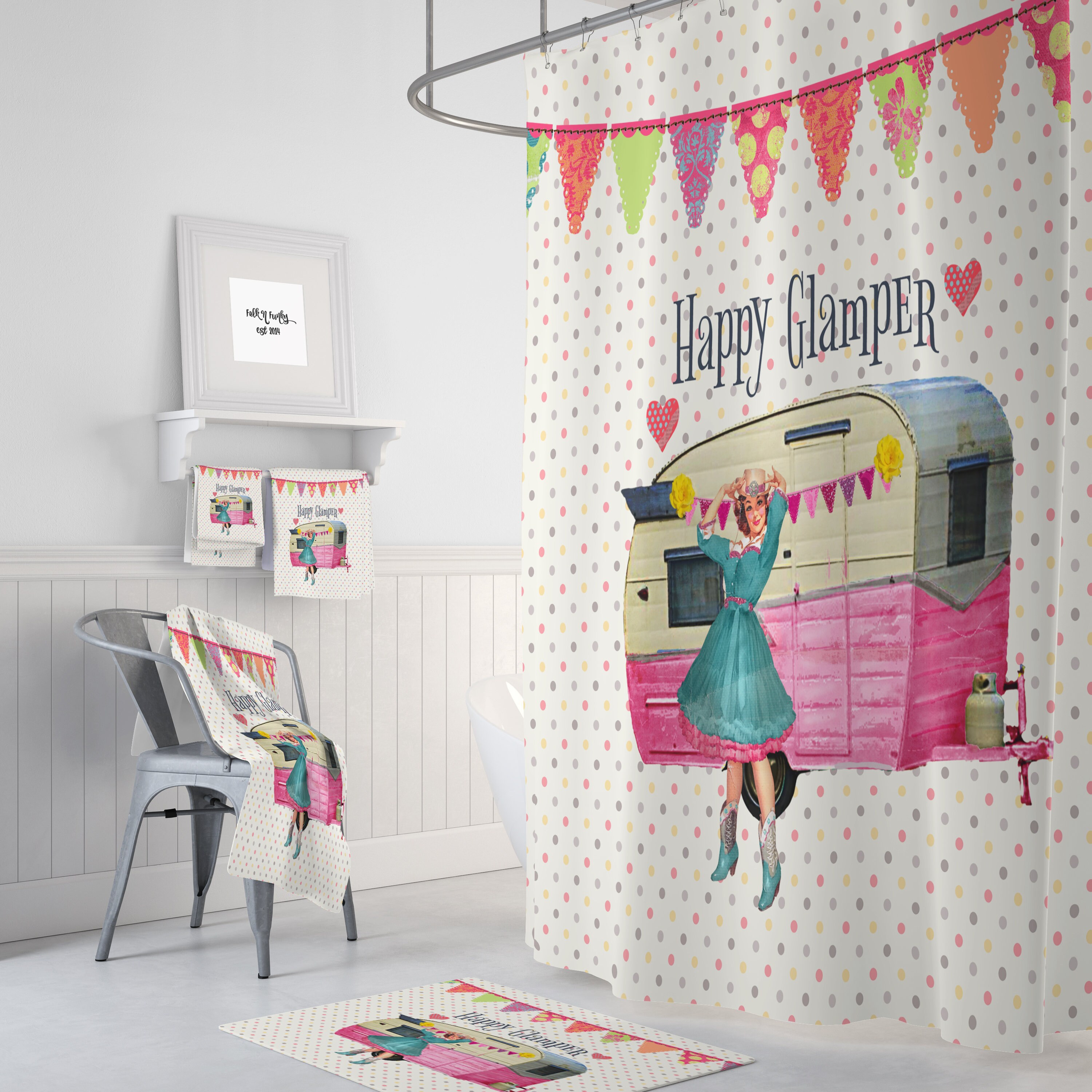 Vintage Camper Glamper Shower Curtain with Retro Bathroom Decor for Old-School Charm